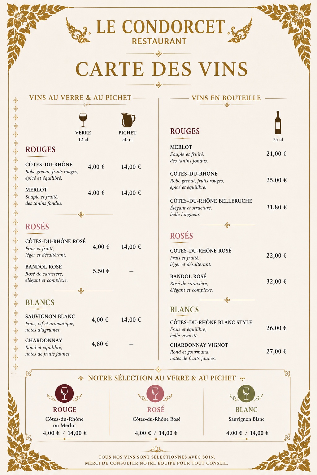 Carte des vins du Condorcet